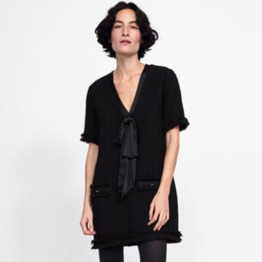 Zara black tweed dress with bow